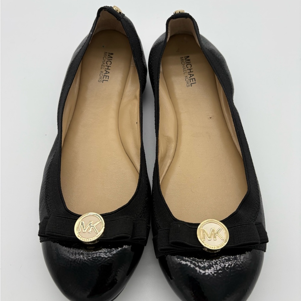 Michael Kors Black Patent Flats with Gold Logo
